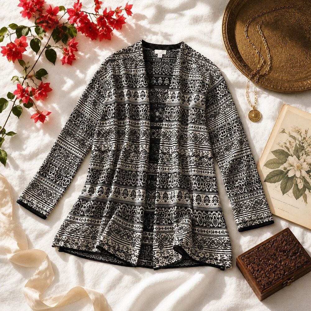 J Jill Open Front Cardigan Black White Fair Isle Cotton Sweater Boho Large L